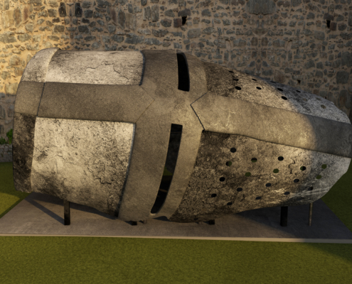 angelehnt an ein historisches Fundstück, der Dargener Topfhelm, hier vergrößert und begehbar