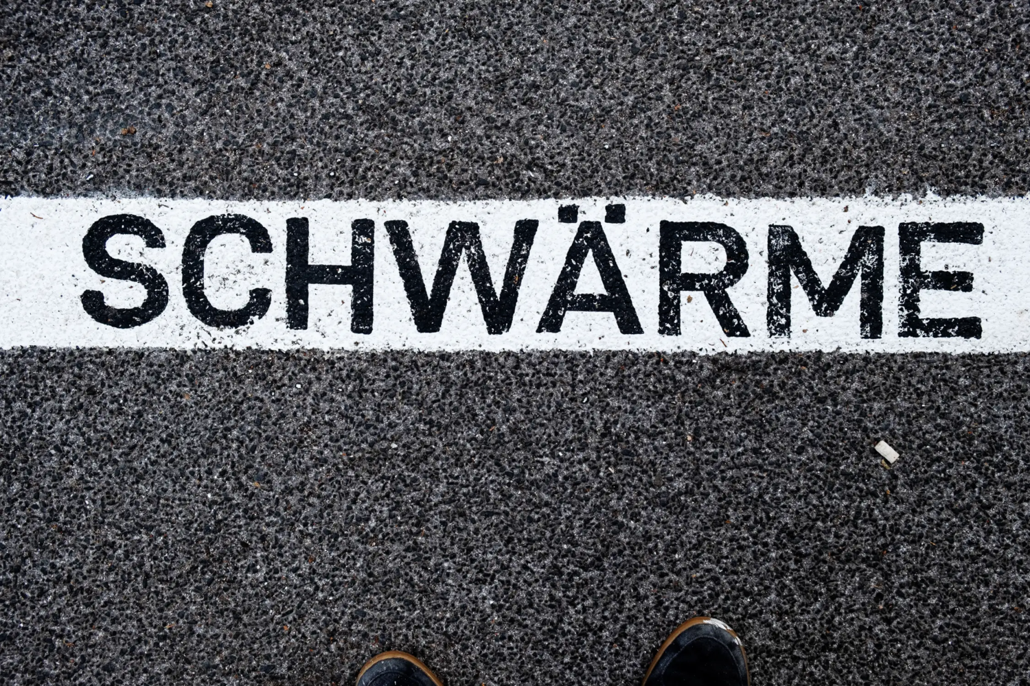 Himmelfernes, CityLeaks 2019 Detail: asphaltierter Weg mit einer weißen Mittelmarkierung mit Text (Ausschnitt) in schwarzer Farbe "SCHWÄRME". Teil des 400 Meter langen Kunstprojekts "Himmelfernes" von craus-hahn beim CityLeaks Festival 2019 in Köln.