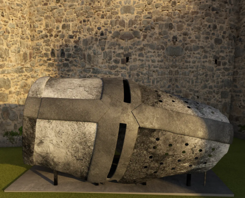 begehbare Skulptur aus Eisen, angelehnt an ein historisches Fundstück, der Dargener Topfhelm, hier vergrößert und mit Klangwelt erfahrbar