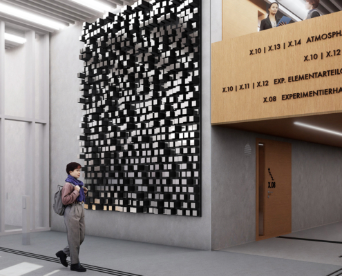 Parametrische Spiegelwand aus hunderten spiegelnden Kuben im Eingangsbereich der Experimentierhalle der Bergischen Universität Wuppertal, entworfen von Craus-Hahn.